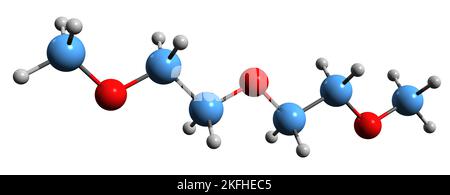3D Bild der Skelettformel von Diglyme - molekularchemische Struktur des Lösungsmittels 2-Methoxyethylether isoliert auf weißem Hintergrund Stockfoto