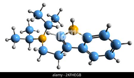 3D Bild der Skelettformel von Diisopropyltryptamin - molekulare chemische Struktur eines psychedelischen halluzinogenen Medikaments auf weißem Hintergrund isoliert Stockfoto