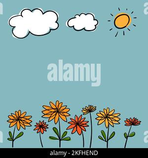 Doodle Stil floralen Sommer Hintergrund mit Sonne und Wolken. Stock Vektor