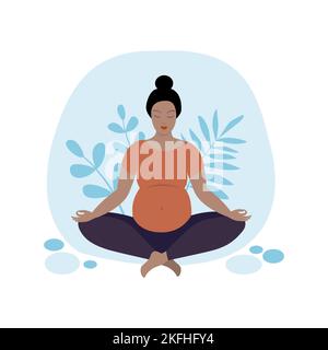 Eine Schwangerin, die Yoga macht und in Lotusposition sitzt. Stock Vektor