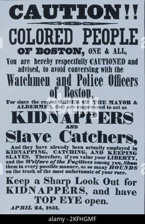 Plakat Warnung Schwarze in Boston - Entführer, 1851. [Ort: Boston] Stockfoto