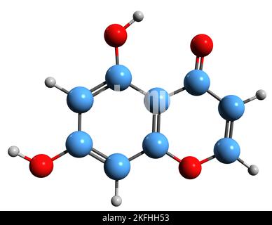 3D Bild der Skelettformel von Dioxymone - molekulare chemische Struktur von Chromone auf weißem Hintergrund isoliert Stockfoto