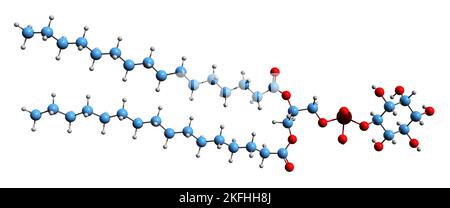 3D Bild der Skelettformel von Dipalmitoylphosphatidyllinositol - molekularchemische Struktur des auf weißem Hintergrund isolierten Metaboliten Stockfoto