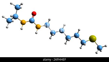 3D Bild der Skelettformel des Diptocarpamins - molekularchemische Struktur des Alkaloids auf weißem Hintergrund isoliert Stockfoto