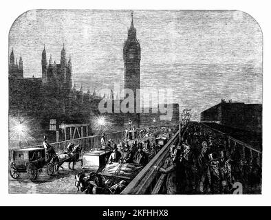 Westminster Bridge in London, England, wurde 1860 von Limelight (auch bekannt als Drummond-Licht oder Kalziumlicht) beleuchtet, einer Art von Bühnenbeleuchtung, die durch eine Kombination aus Inkandaleszenz und Kerzenlicht entsteht, die normalerweise in Theatern und Musikhallen verwendet wird. Stockfoto