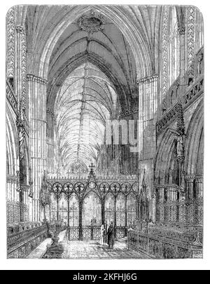 Eine Skizze des Chores aus dem Jahr 1860 aus dem Jahr 1200 der Lichfield Cathedral, einer anglikanischen Kathedrale in Lichfield, Staffordshire, England, die dem Heiligen Tschad und der Heiligen Maria gewidmet ist. Begonnen im Jahr 1085 und setzte sich durch das zwölfte Jahrhundert, nachdem die ursprüngliche hölzerne sächsische Kirche wurde durch eine normannische Kathedrale aus Stein ersetzt, und wiederum durch die heutige gotische Kathedrale im Jahr 1195 begonnen ersetzt. Stockfoto