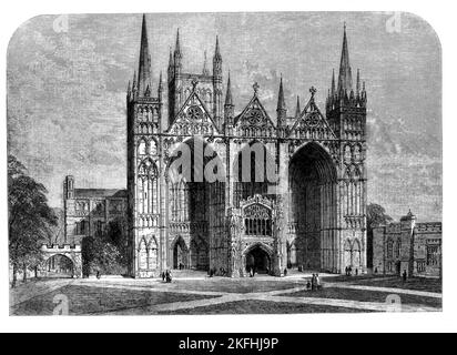 Eine Zeichnung der Peterborough Cathedral in Cambridgeshire aus der Mitte des 19.. Jahrhunderts, die für die imposante frühenglische Gotische Westfront (façade) bekannt ist, die mit ihren drei riesigen Bögen keine architektonischen Präzedenzfälle aufweist. Die ursprüngliche Kirche wurde während des Kampfes zwischen den normannischen Invasoren und dem lokalen Volkshelden Hereward the Wake beschädigt und 1116 durch einen Brand zerstört. Die neue Kirche wurde im normannischen Stil erbaut, von Abt John de Sais begonnen und um 1193 fertiggestellt. Stockfoto