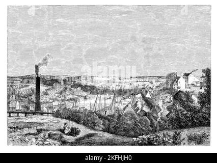 Eine Ansicht von Milford Haven in Pembrokeshire, Wales aus der Mitte des 19.. Jahrhunderts nach einem Gemälde von Edward Henry Wehnert (1813–1868), einem in England geborenen Landschaftsmaler. Die Stadt, die 1790 von Sir William Hamilton gegründet wurde, der ein Gittermuster entworfen hat, liegt an der Nordseite des Milford Haven Waterway, einer Mündung, die einen natürlichen Hafen bildet und seit dem Mittelalter als Hafen genutzt wird. Ursprünglich sollte es ein Walfangzentrum sein, aber 1800 entwickelte es sich zu einer Werft der Royal Navy, die es blieb, bis die Werft 1814 nach Pembroke verlegt wurde. Stockfoto