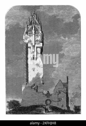 Ein Plan aus der Mitte des 19.. Jahrhunderts des geplanten National Wallace Monument aka Wallace Monument, ein 67 Meter hoher Turm im viktorianischen gotischen Stil, auf der Schulter der Abbey Craig, einem Hügel mit Blick auf Stirling in Schottland, der an Sir William Wallace, einen schottischen Helden aus dem 13.. Und 14.. Jahrhundert, erinnert. Es wurde 1869 nach den Entwürfen des Architekten John Thomas Rochead fertiggestellt. Stockfoto