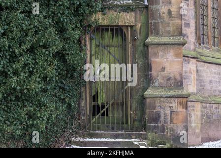 Alte, verfallene Kirchentür mit grünem Schimmel und überwachsenem Efeu, der um sie klettert. Mit Vorhängeschloss und Ketten. Stockfoto