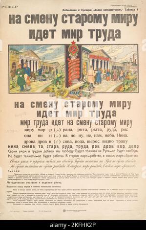 An die Stelle der Alten Welt tritt die Welt der Arbeit, Down with Analphabeacy, Nr. V, 1922. [Herausgeber: Gosudarstvennoe Izd.; Ort: Moskau] Weitere Titel: Na smenu staromu miru idet mir truda. (Doloi negramotnost'. Nr. V); Abwärts mit Analphabetismus, Nr. V; Stockfoto