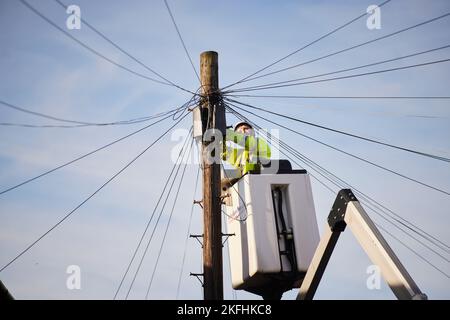BT openreach-Ingenieur, der an Telefonkabeln von einem Cherry Picker arbeitet Stockfoto