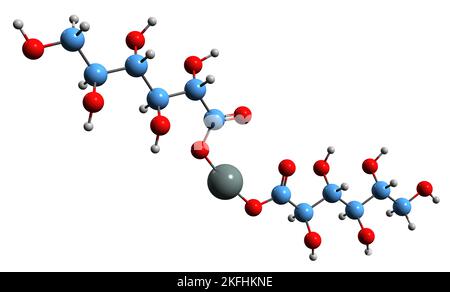 3D Bild der Skelettformel von Eisengluconat - molekularchemische Struktur von Eisenergänzung auf weißem Hintergrund isoliert Stockfoto