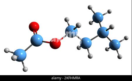 3D Bild der Skelettformel von Isoamylacetat - molekularchemische Struktur von Isopentylacetat isoliert auf weißem Hintergrund Stockfoto