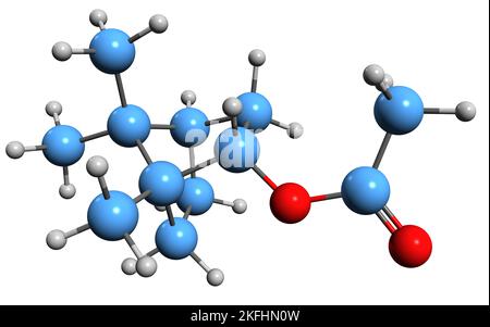 3D Bild der Skelettformel von Isobornylacetat - molekulare chemische Struktur von Pichtosin auf weißem Hintergrund isoliert Stockfoto