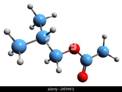 3D Bild der Skelettformel von Isobutylacetat - molekulare chemische Struktur von 2-Methylpropylacetat isoliert auf weißem Hintergrund Stockfoto