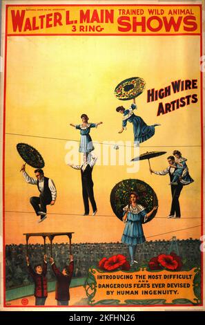 Walter L. Main 3 ringtrainierte Wildtiershows Zirkusposter, c1890 - 1904. [Herausgeber: Riverside Print; Ort: Milwaukee] Stockfoto