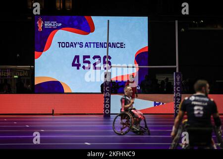 Manchester, Großbritannien. 18.. November 2022. Die Teilnahme in Manchester Central ist 4526 für das heutige Finale der Rugby League-Weltmeisterschaft 2021 im Rollstuhl Frankreich gegen England in Manchester Central, Manchester, Großbritannien, 18.. November 2022 (Foto von Mark Cosgrove/News Images) in Manchester, Großbritannien am 11/18/2022. (Foto von Mark Cosgrove/News Images/Sipa USA) Quelle: SIPA USA/Alamy Live News Stockfoto