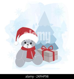 Ein Teddybär in einem Weihnachtsmannhut mit einem Geschenk in der Nähe des Weihnachtsbaums. Weihnachtskarte. Vektor Stock Vektor