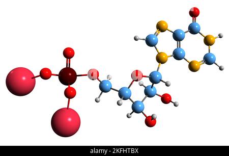 3D Bild der Disodium-Inosinat-Skelettformel - molekularchemische Struktur des Lebensmittelzusatzstoffes Е631 isoliert auf weißem Hintergrund Stockfoto