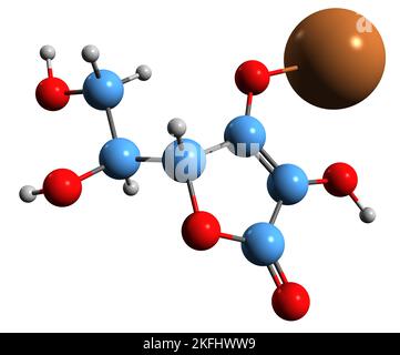 3D Aufnahme der Skelettformel von Kaliumascorbat - molekularchemische Struktur von mineralischem Ascorbat Е303 isoliert auf weißem Hintergrund Stockfoto