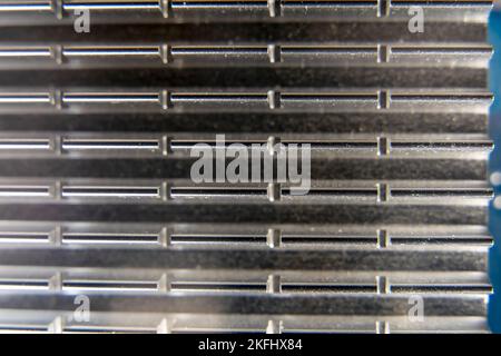 Hintergrund des Aluminium-Kühlkörpers des Grafikkartenprozessors Stockfoto