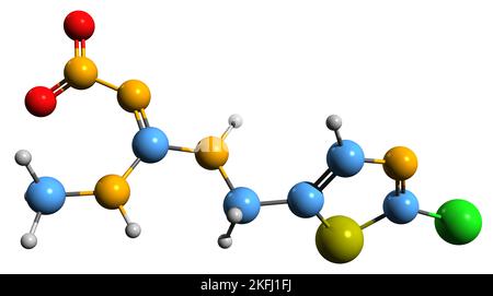 3D Bild von Clothianidin Skelettformel - molekulare chemische Struktur von Neonicotinoid-Insektizid isoliert auf weißem Hintergrund Stockfoto