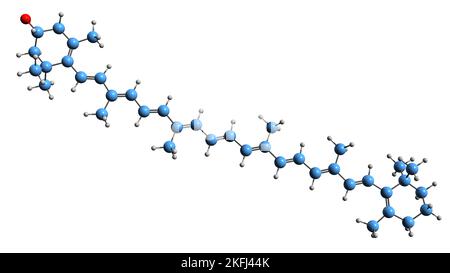3D Bild der Skelettformel von Kryptoxanthin - molekularchemische Struktur des natürlichen Carotinoidpigments auf weißem Hintergrund isoliert Stockfoto