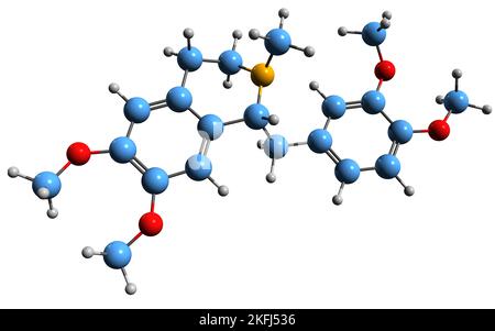 3D Bild der skelettalen Formel von Laudanosin - molekulare chemische Struktur von N-Methyltetrahydropapaverin auf weißem Hintergrund isoliert Stockfoto