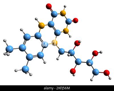 3D Bild der Skelettformel von Leucoriboflavin - molekularchemische Struktur eines Nahrungsergänzungsmittels isoliert auf weißem Hintergrund Stockfoto