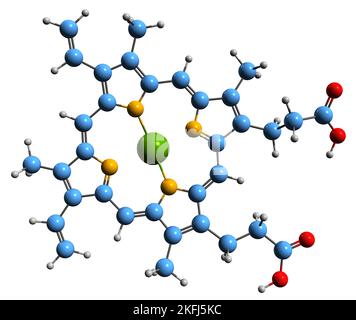 3D Aufnahme der Skelettformel von Magnesium-Protoporphyrin - molekulare chemische Struktur von Porphyrin PPIX auf weißem Hintergrund isoliert Stockfoto