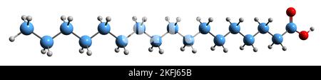 3D Bild der Skelettformel der Margarinsäure - molekulare chemische Struktur der Heptadecansäure, isoliert auf weißem Hintergrund Stockfoto