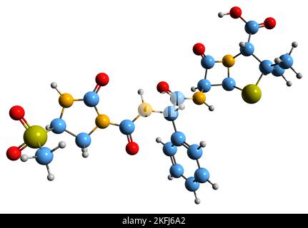 3D Bild der Mezlocillin-Skelettformel - molekulare chemische Struktur des Penicillin-Antibiotikums, isoliert auf weißem Hintergrund Stockfoto