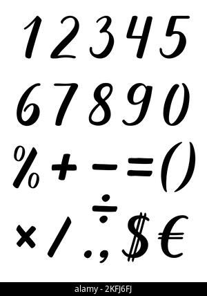 Zahlen und Prozent, plus, minus, gleich, Klammern, Multiplikation und Division Zeichen, Punkt, Komma, € und €. Handgeschriebene Schriftzüge Moderne Kalligraphie. Stockfoto