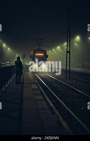 Eine vertikale Aufnahme einer nächtlichen Zugfahrt mit einer wartenden Person in Warschau, Polen Stockfoto
