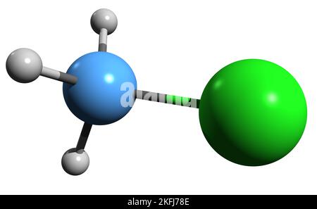 3D Bild der Skelettformel von Chlormethan - molekulare chemische Struktur von Haloalkan Monochlormethan isoliert auf weißem Hintergrund Stockfoto