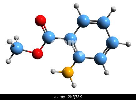 3D Aufnahme der Skelettformel von Methylananthranilat - molekulare chemische Struktur von Methyl 2-Aminobenzoat auf weißem Hintergrund isoliert Stockfoto