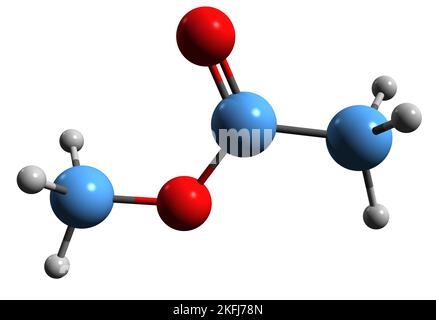 3D Bild der Skelettformel von Methylacetat - molekulare chemische Struktur von Methylethanat isoliert auf weißem Hintergrund Stockfoto