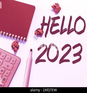 Konzeptionelle Überschrift Hallo 2023. Ein Wort zur Feier des Beginns des Kalenderjahres 2023 Stockfoto