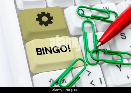 Textzeichen mit Bingo. Glücksspiel für Geschäftskonzepte, bei dem jeder Spieler die ausgedruckten Zahlen abgleicht Stockfoto