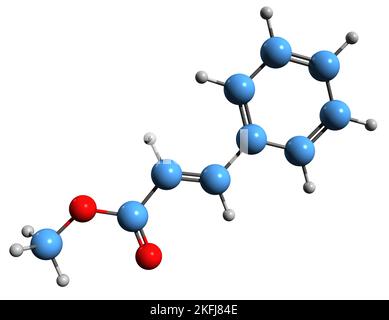 3D Bild der Skelettformel von Methylcinnamat - molekulare chemische Struktur von Methylphenylpropenoat isoliert auf weißem Hintergrund Stockfoto