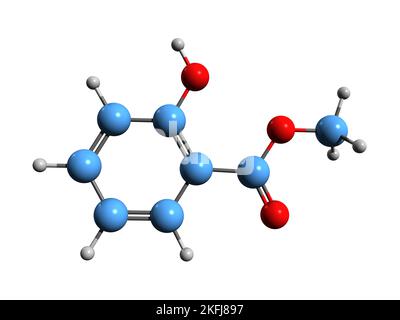 3D Bild der Skelettformel von Methylsalicylat - molekulare chemische Struktur von wintergrünem Öl isoliert auf weißem Hintergrund Stockfoto