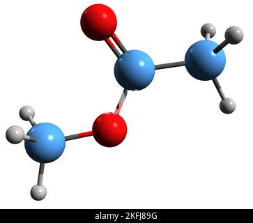 3D Bild der Skelettformel von Methylacetat - molekulare chemische Struktur von Methylethanat isoliert auf weißem Hintergrund Stockfoto