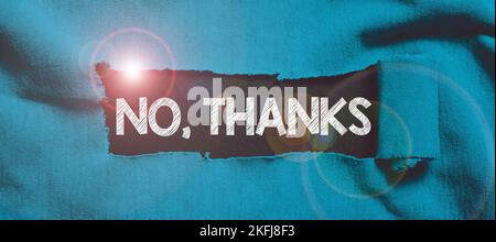Schreiben mit Anzeige des Textes Nein, Danke. Wort, das bei der Beantwortung der Frage mit diesen Wörtern geschrieben wurde, um Akzeptanz oder Ablehnung zu zeigen Stockfoto