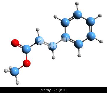 3D Bild der Skelettformel von Methylcinnamat - molekulare chemische Struktur des Zimtsäure-Methylesters auf weißem Hintergrund isoliert Stockfoto