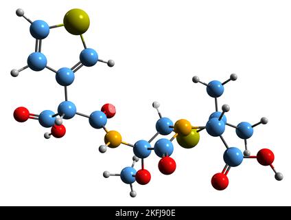 3D Bild der Temocillin-Skelettformel - molekularchemische Struktur von Beta-Lactamase-resistentem Penicillin auf weißem Hintergrund isoliert Stockfoto