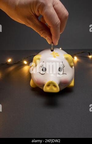 Eine Münze in ein Sparschwein auf dunklem Hintergrund mit kleinen LED-Lichtern. Konzept der Kostenersparnis. Speicherplatz kopieren. Stockfoto