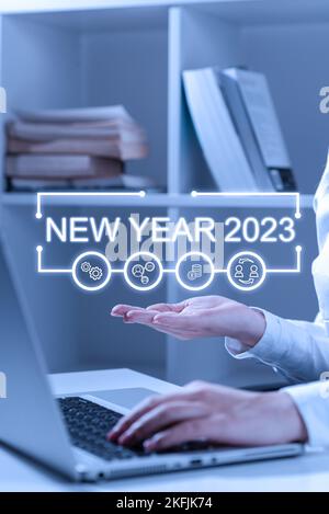 Handschrifttext Neujahr 2023. Internetkonzept Begrüßung zu Weihnachten Fresh Start Best Wishes Stockfoto