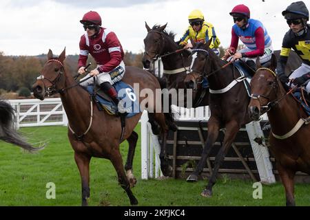 Ascot, Bergen, Großbritannien. 18.. November 2022. Jockey Sam Twiston-Davies reitet auf dem Pferd Master Chewy auf der ersten Meile von Troy Asset Management Introductory Hurdle Race auf der Ascot Racecourse. Quelle: Maureen McLean/Alamy Live News Stockfoto