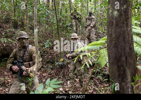 Soldaten des 2./1. Bataillons, Royal New Zealand Infantry Regiment, patrouillieren im Rahmen der Situational Training Exercise (STX) Lanes durch den Dschungel der Nausori Highlands, beobachtet von Mitgliedern der Bravo Company, 2. Bataillon, 27. Infantry Regiment, 3. Infantry Brigade Combat Team, 25. Infantry Division, während der Übung Cartwheel, Nadi, Fidschi, 20. September 2022. Übung Cartwheel ist eine multilaterale militärisch-militärische Trainingsübung mit den Vereinigten Staaten, dem Militär der Republik Fidschi, australischen, neuseeländischen und britischen Streitkräften, die Expeditionsbereitschaft und Interoperabilität schafft Stockfoto